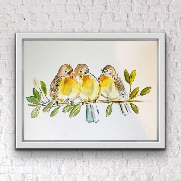 Trois oiseaux joufflus sur une branche, oiseaux jaunes sur une branche, art mural aquarelle oiseau joufflu, art mural trois oiseaux aquarelle jaunes