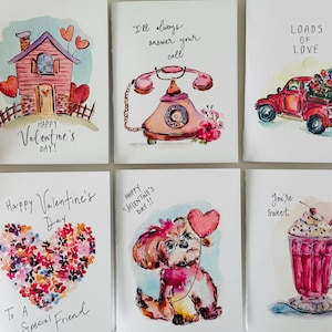 6 cartes de Saint-Valentin aquarelles, cartes de voeux illustrées amusantes et mignonnes de Saint-Valentin, téléphone, milk-shakes, camions, cartes d'amis de la Saint-Valentin, cartes d'amour
