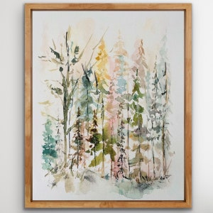 May include: Watercolor painting of a forest scene with tall trees in shades of green, brown, and pink. The trees are painted in a loose, impressionistic style, with soft edges and flowing lines.