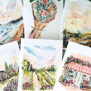Pacote com 6 cartões-presente Cottage, cartões florais em aquarela, xícaras de chá de bicicleta, pássaros e janelas, cartões de arte estacionária de amor country em branco