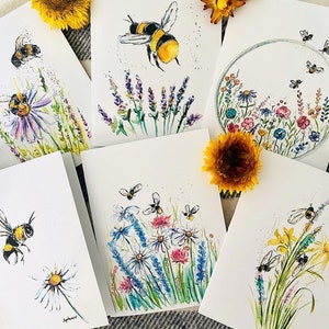 Package of 6 Bumble Bee and Wildflower Blank Folded Cards, Watercolour Bees and Floral Greeting Cards, Assorted Bee Illustrated Cards