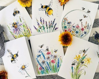 Package of 6 Bumble Bee and Wildflower Blank Folded Cards, Watercolour Bees and Floral Greeting Cards, Assorted Bee Illustrated Cards