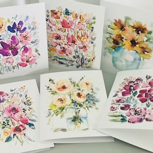 Cartes de fleurs aquarelles en vrac, lot de 6 cartes de voeux aquarelles florales Happy Art, cartes illustrées vierges de printemps, papeterie florale