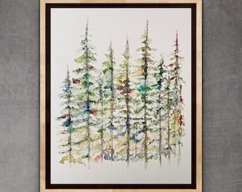 Tall Evergreens Watercolour Print, Watery Evergreen Colourful Print, Abstract Row Of Evergreens Illustration