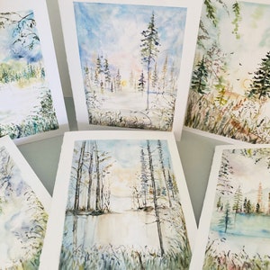 Cartes d'art forêt rêveuse, lot de 6 cartes aquarelle arbre et lac rêveur, cartes de voeux bouleaux et arbres, cartes forêt vierge pliée