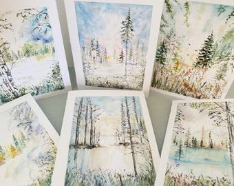 Dreamy Forest Art Cards, Pack Of 6 Dreamy Watercolour Tree and Lake Cards, Birches and Trees Greeting Cards, Blank Folded Forest Cards