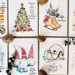 Package of 8 Watercolour Christmas Cards, Illustrated Christmas Cards with Greetings, Holiday Greeting Cards, Assorted Christmas Art Cards