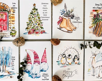 Package of 8 Watercolour Christmas Cards, Illustrated Christmas Cards with Greetings, Holiday Greeting Cards, Assorted Christmas Art Cards