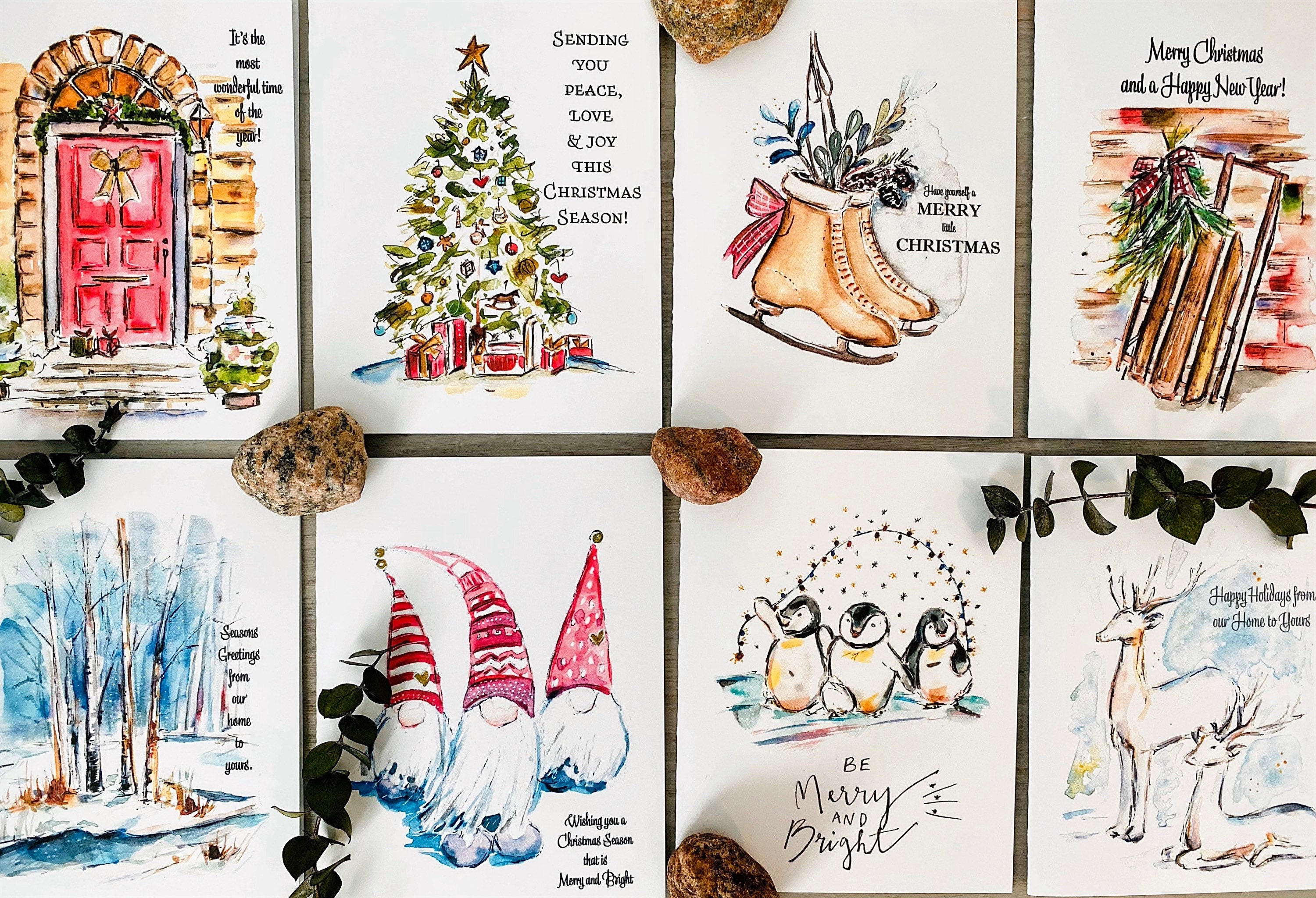Package of 8 Watercolour Christmas Cards Illustrated Christmas