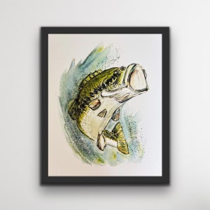 Wide Mouth Bass Watercolour Print, Bass Illustration Watercolour Wall Art, Bass Jumping Out Of Water Watercolour Print