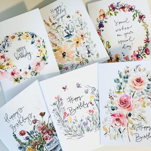 Birthday Watercolor Floral Cards, 6 Birthday Flower Designs and Wreaths Folded Cards, Happy Birthday Bundle Cards for Her, Elegant Birthday