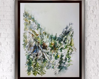 Watercolour Abstract Mountain and Forest Print, Rocky Mountain Tree Watercolour Art, Trees and Hills Wall Art