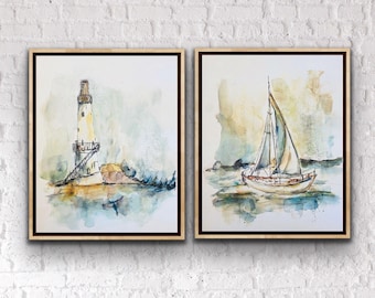 Nautical Themed Watercolour Ocean Prints, Lighthouse Sailboat and Water Scenery Wall Art Trio, East Coast Watercolour Prints