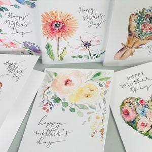 Elegant Watercolour Mothers Day Cards, Pack of 6 Folded Mothers Day Art Cards, Gerber Daisy Florals and Birds Happy Mothers Day Cards