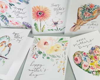 Elegant Watercolour Mothers Day Cards, Pack of 6 Folded Mothers Day Art Cards, Gerber Daisy Florals and Birds Happy Mothers Day Cards