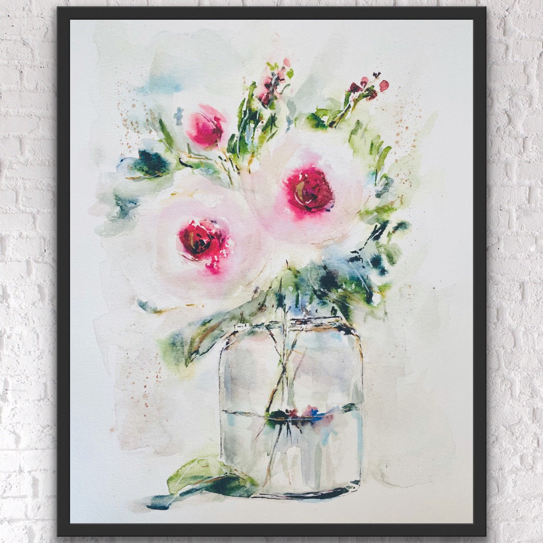 ガラスの花瓶に入った水彩画のピンクのバラ、透明な花瓶に入ったピンク