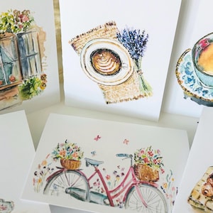 Cartes de campagne, Cartes aquarelles vierges gaies, Cartes d'art tasses à thé et vélos, Cartes aquarelles nourriture florale, Cartes vierges café