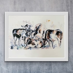 Cows In Field Print, Grouping of Holstein Cows Watercolor Painting, Cows Laying Eating Grass Prin, Rustic Farm Cow Print, All The Cows Print