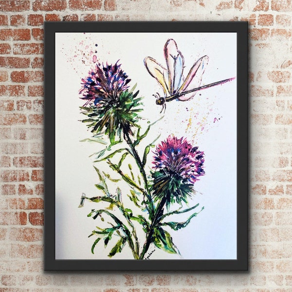 Dragonfly Thistle Watercolour Print, Scottish Thistle Floral Wall Art, Purple Dragonfly Design Art, Watercolour Thistle