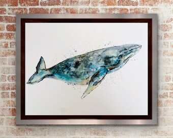 Blue Watercolour Whale Wall Art Print, Single Whale Illustrated Print, Abstract Deep Blue Whale Painting