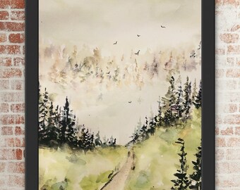 May include: A watercolor painting of a misty forest scene with a path leading through the trees. The painting features soft, muted colors of green, brown, and white, with a hint of blue in the sky. The path is winding and disappears into the distance, creating a sense of mystery and intrigue.