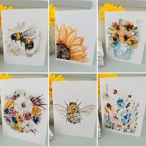 Cartes pliées vierges tournesols et bourdons fleurs sauvages, cartes de voeux fleurs abeilles aquarelles, assortiment de cartes illustrées abeilles, 6 cartes