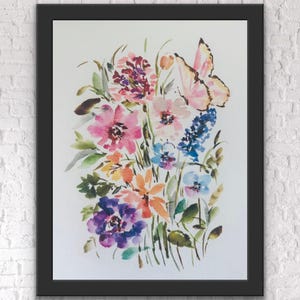 Butterfly Watercolor Floral Print, Loose Flowers and Pink Butterfly Watercolour Wall Art, Boho Watercolor Colourful Flower Artwork