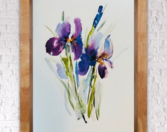 オリジナルパープルアイリス水彩画：花の壁アート（8x6） - Etsy 日本