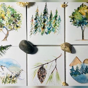 Watercolour Blank Nature Cards, Pack of 6 Abstract Scenery Cards, Tree and Mountain Boho Artist Cards, Assorted Forest Cards