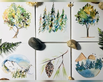 Tarjetas de naturaleza en blanco para acuarela, paquete de 6 tarjetas de paisajes abstractos, tarjetas de artistas bohemios de árboles y montañas, tarjetas de bosque surtidas