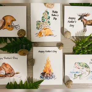 Tarjetas de acuarela para el Día del Padre, ilustraciones de pasatiempos de papá, tarjeta con casco de fútbol americano, tarjeta con guante de béisbol, tarjeta de camping, silueta de alce