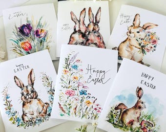 Lot de 6 cartes de Pâques pliées, petits lapins et fleurs, cartes de Pâques vierges aquarelles, lapins et tulipes florales