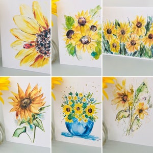 Paket mit 6 Aquarell Sonnenblumen Grußkarten, Aquarell leere Gelbe Sonnenblume gefaltete Karten, fröhliches Blumen Briefpapier