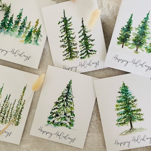 Tarjetas de acuarela con saludos navideños de invierno, paquete de 6, tarjetas minimalistas modernas con diseño de bosque, tarjetas de arte navideño