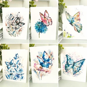 Watercolor Butterfly Cards, Assorted Butterflies Package of 6 Folded Cards, Florals and Wings Blank Greeting Cards, Colourful Spring Cards