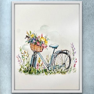 Floral Vintage Bicycle Drawing Print, Country Cottage Bike With Basket Decor, Wildflowers and Pretty Bike, Cottage  Bike Print