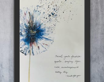 Handwriting Lettering Saying Words or Quote Dandelion Print, Personalized Watercolour Blue Floral Dandelion Wall Art, Handlettering Blue Art