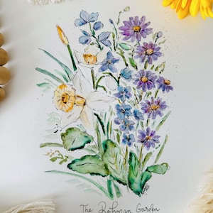 May include: Watercolor painting of a bouquet of flowers, including white daffodils, purple asters, and blue forget-me-nots. The painting is signed "The Rahman Garden".