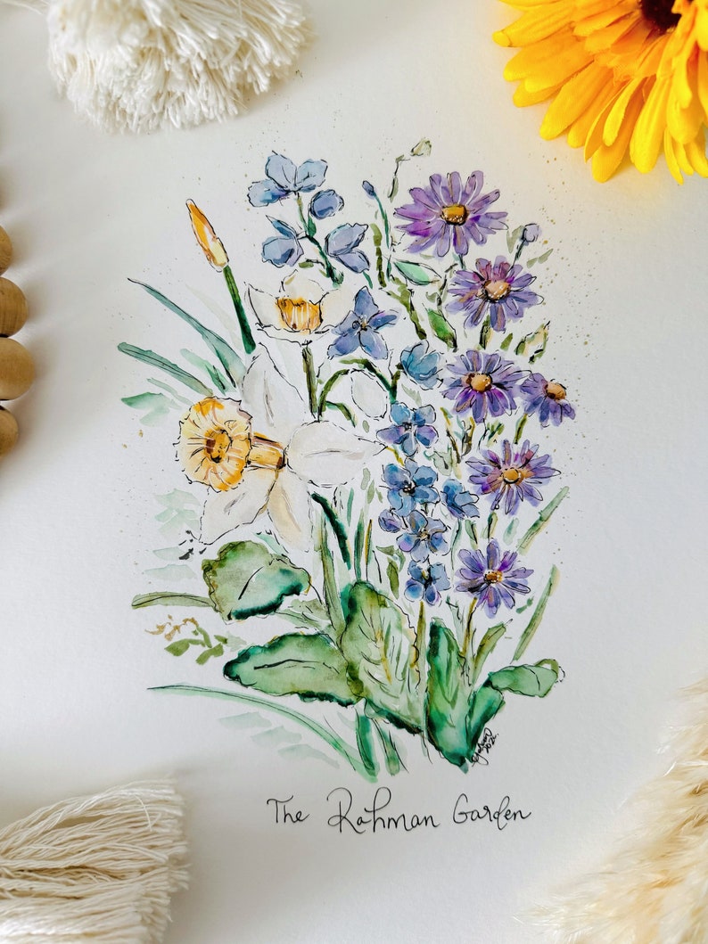 May include: Watercolor painting of a bouquet of flowers, including white daffodils, purple asters, and blue forget-me-nots. The painting is signed "The Rahman Garden".