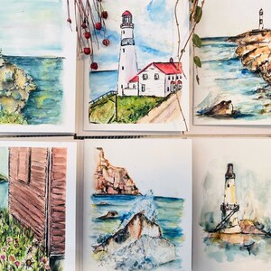 Cartes vierges aquarelles eau et phare, cartes de voeux aquarelle océan et vagues, cartes aquarelle phare d'artiste