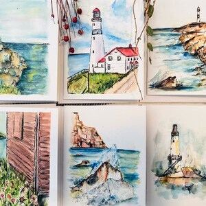 Watercolour Blank Water And Lighthouse Cards, Watercolour Ocean And Waves Greeting Cards, Watercolour Lighthouse Artist Cards