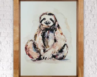 Watercolour Sloth, Cute Sitting Sloth Wall Art, Kids Sloth Animal Print, Fun Animal Illustration, Simple Sloth Illustration