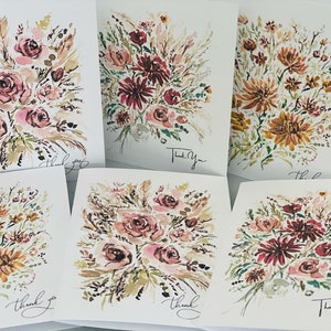 Cartes botaniques feuillues pour bouquet de mariage Merci, cartes de remerciement bohèmes aquarelles, cartes de mariage de remerciement Dalia et roses avec lettrage