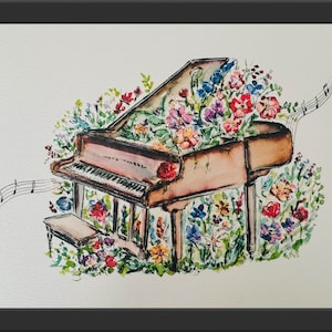Peut inclure: Une peinture &agrave; l'aquarelle d'un piano &agrave; queue avec des fleurs qui poussent dessus. Le piano est brun et a un clavier blanc. Les fleurs sont de diff&eacute;rentes couleurs, notamment rose, violet, bleu et jaune. La peinture est sur un fond blanc.
