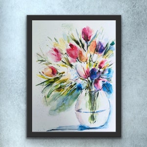 Vaso acquoso di tulipani acquerellati, arte murale di tulipani dai colori vivaci, dipinto di tulipani in vaso acquerellato, stampa di tulipani