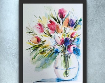 Watery Vase Of Watercolour Tulips, Bright Coloured Tulip Wall Art, Watercolour Vase Tulip Painting, Tulip Print