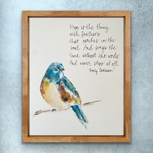 Hope Is The Thing With Feather Emily Dickinson Quote Print, Bird Quote About Hope Watercolour Wall Art, Watercolour Bird Wall Art