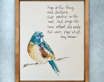 Hope Is The Thing With Feather Emily Dickinson Quote Print, Bird Quote About Hope Watercolour Wall Art, Watercolour Bird Wall Art