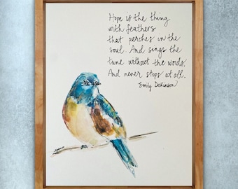 Hope Is The Thing With Feather Emily Dickinson Quote Print, Bird Quote About Hope Watercolour Wall Art, Watercolour Bird Wall Art