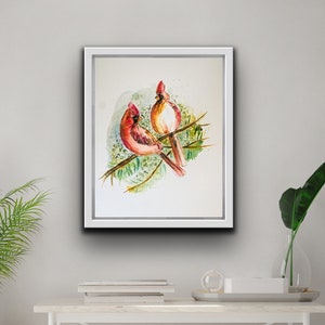 Cardinaux aquarelles masculins et féminins, oeuvre d'art coupée de cardinaux sur des branches, impression de peinture carinal, amour sur une branche